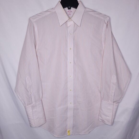 Brooks Brothers Dress Shirt Mens 15.5 Striped Orange, Blue, White French Cuff - Picture 2 of 10